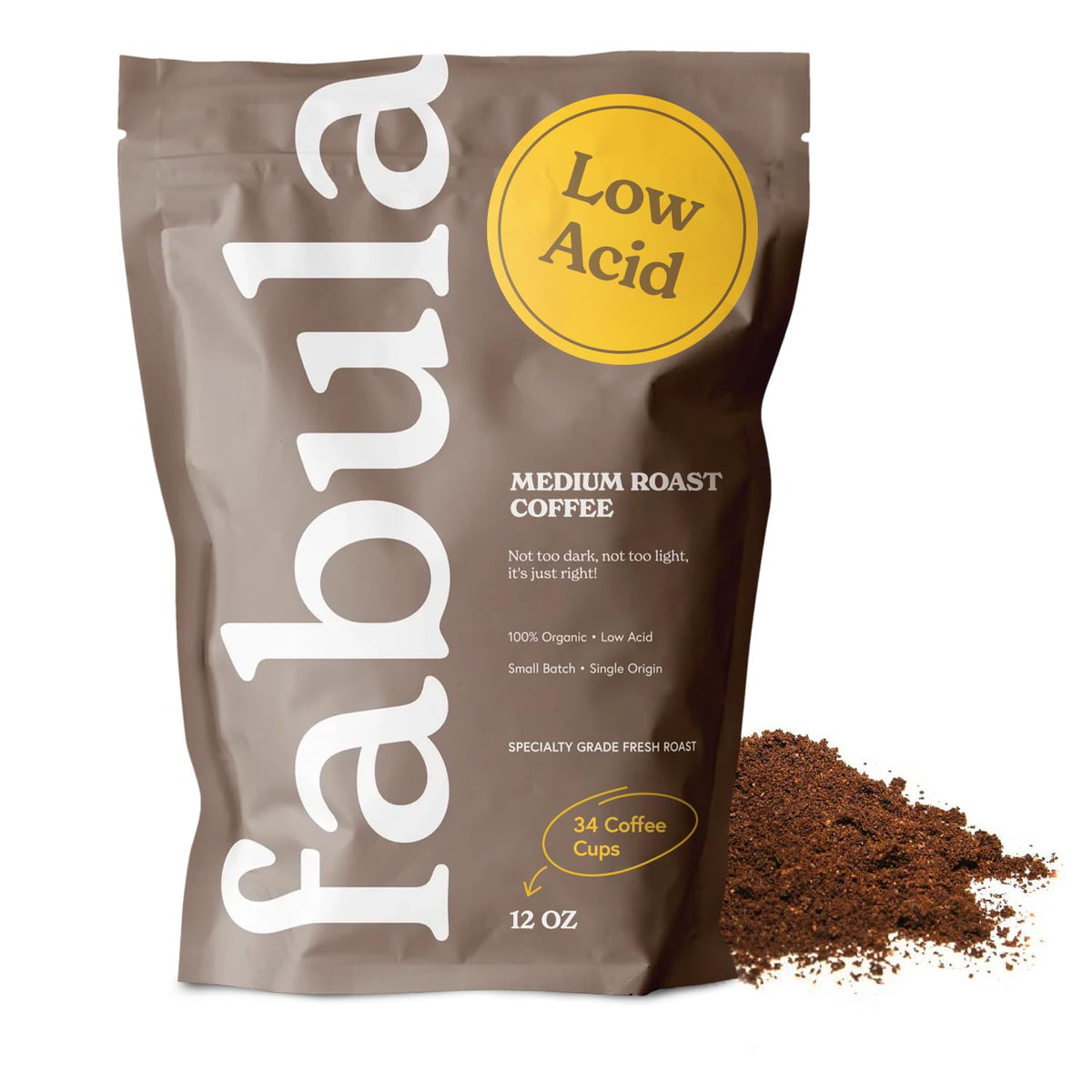 Fabula Low-Acid Coffee bag front showing organic, mold-free grounds for sensitive systems