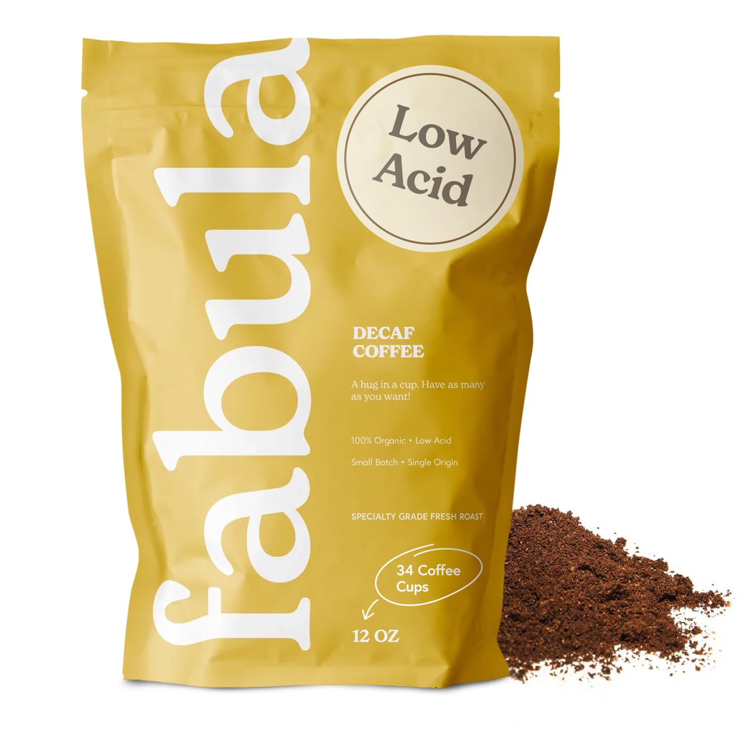 Fabula low acid decaf coffee ground packshot emphasizes smooth, low-acid flavor.