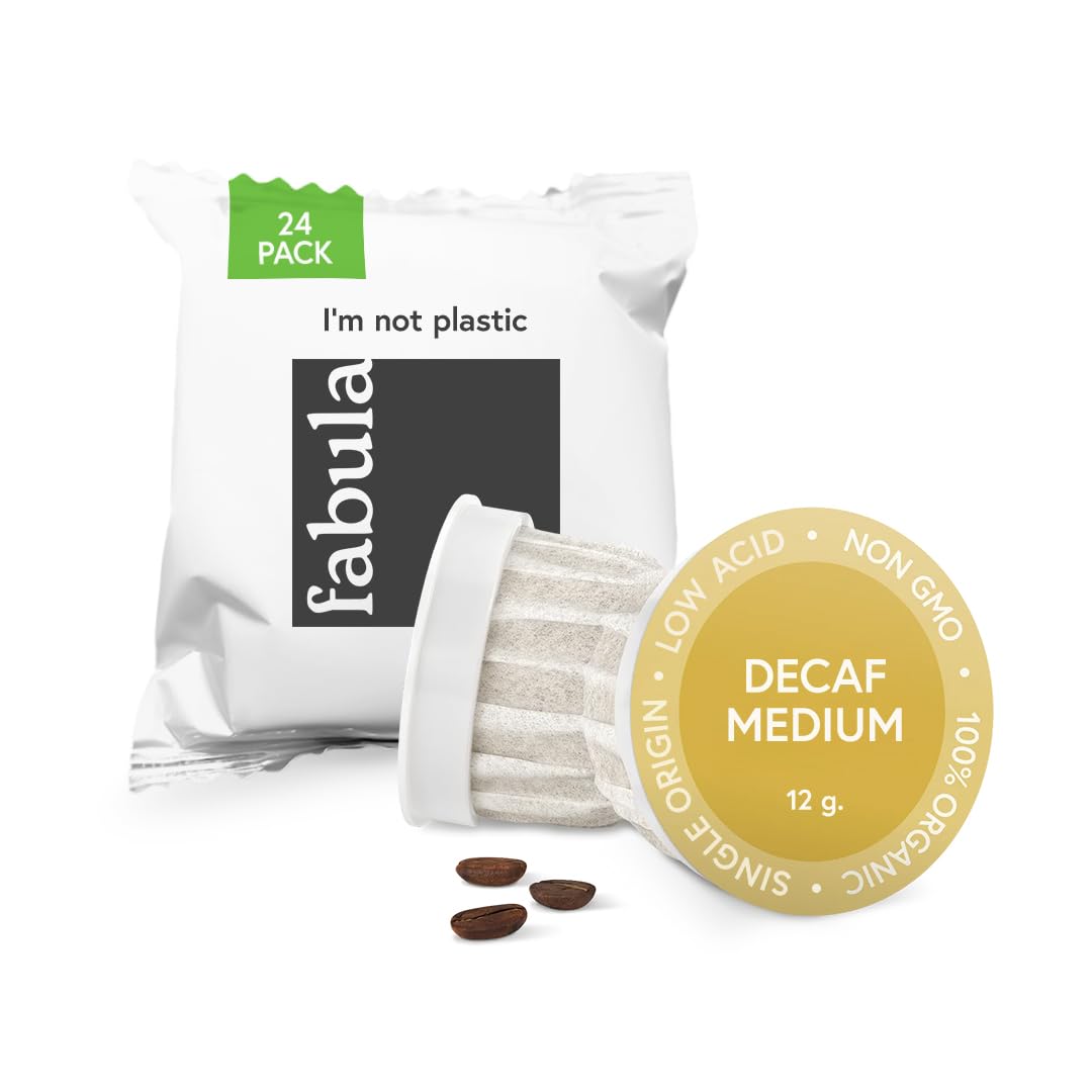 Fabula organic decaf K-Cups in medium roast with low acidity for a smooth cup.