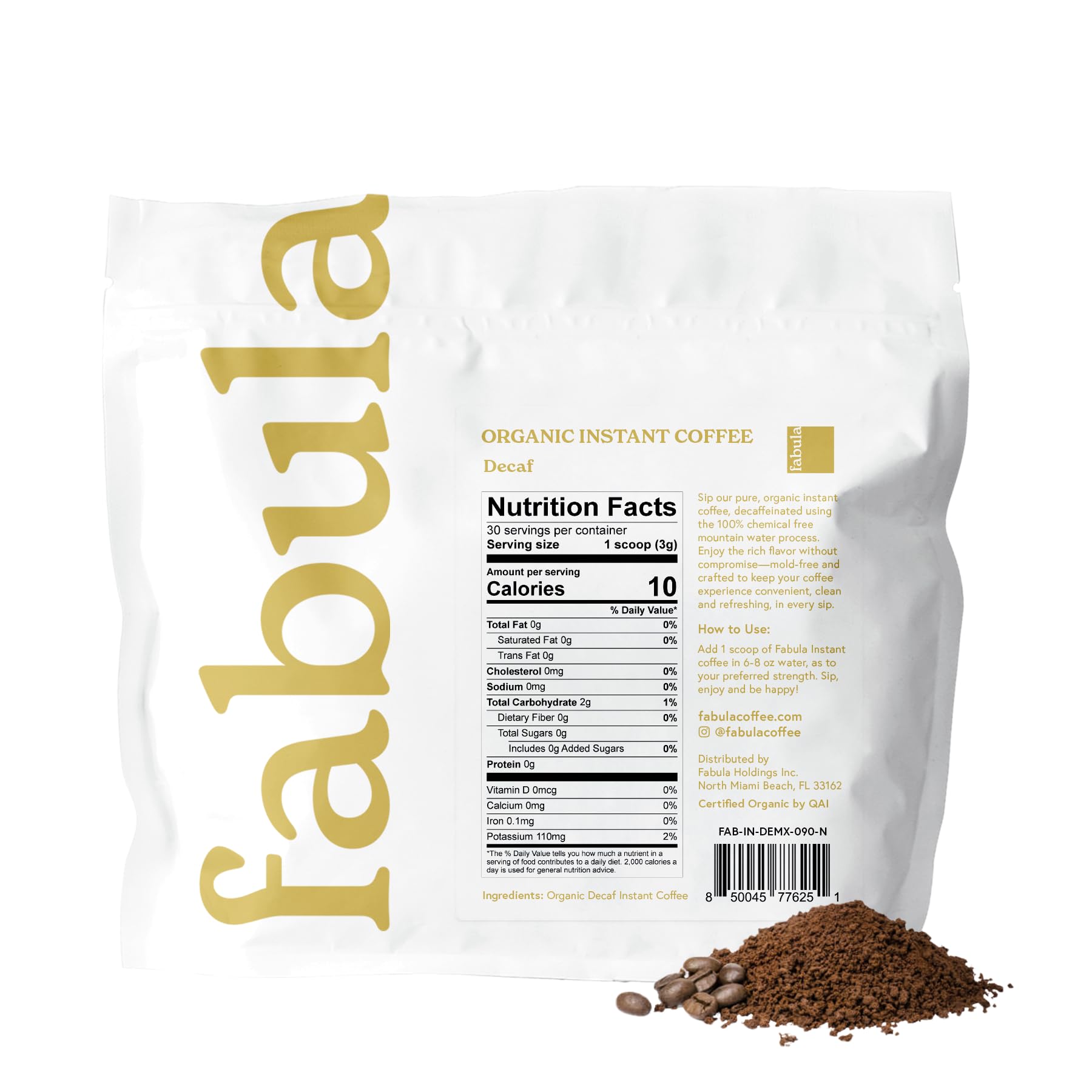 Fabula Organic Instant Decaf Coffee cup steaming, ready for quick, caffeine-free mornings