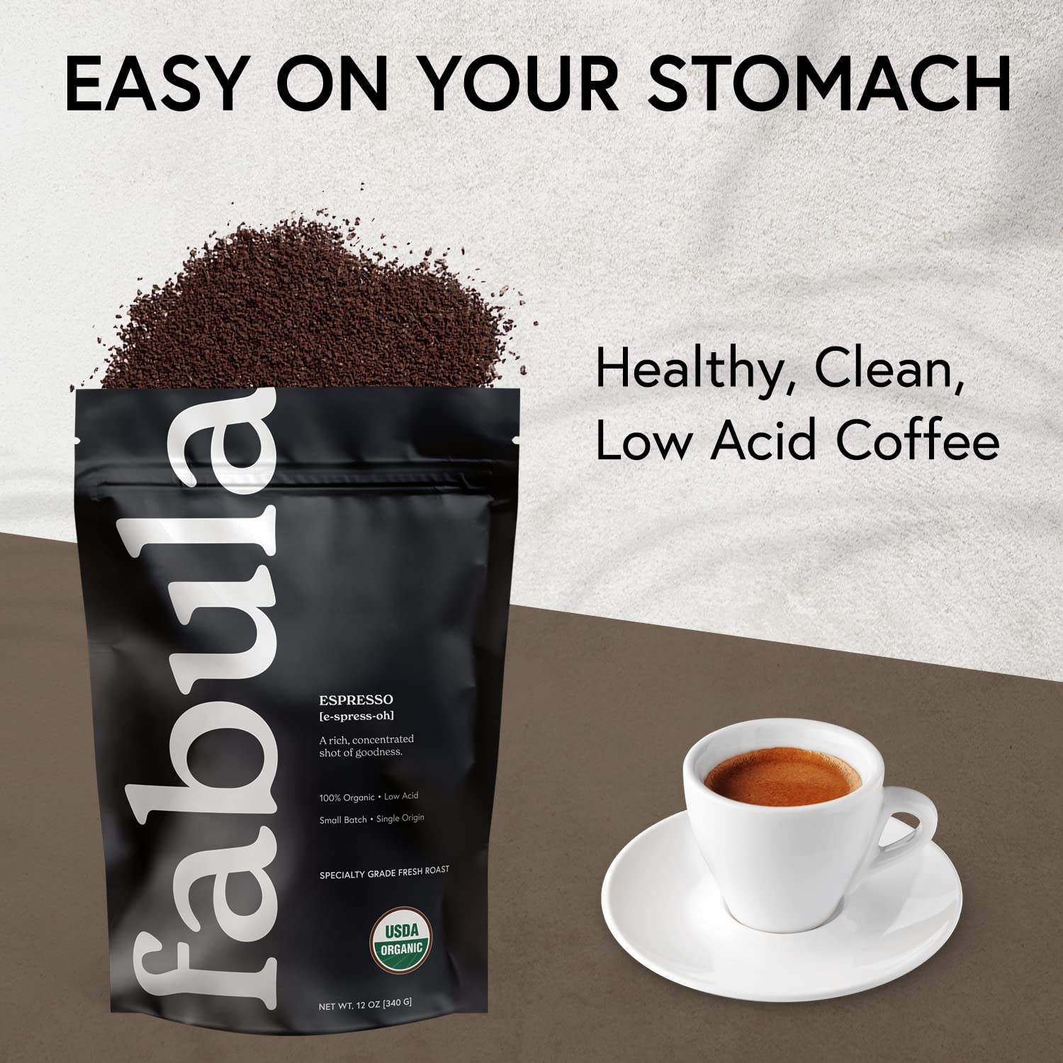 Fabula organic non-GMO coffee, fair trade origins, clean label.