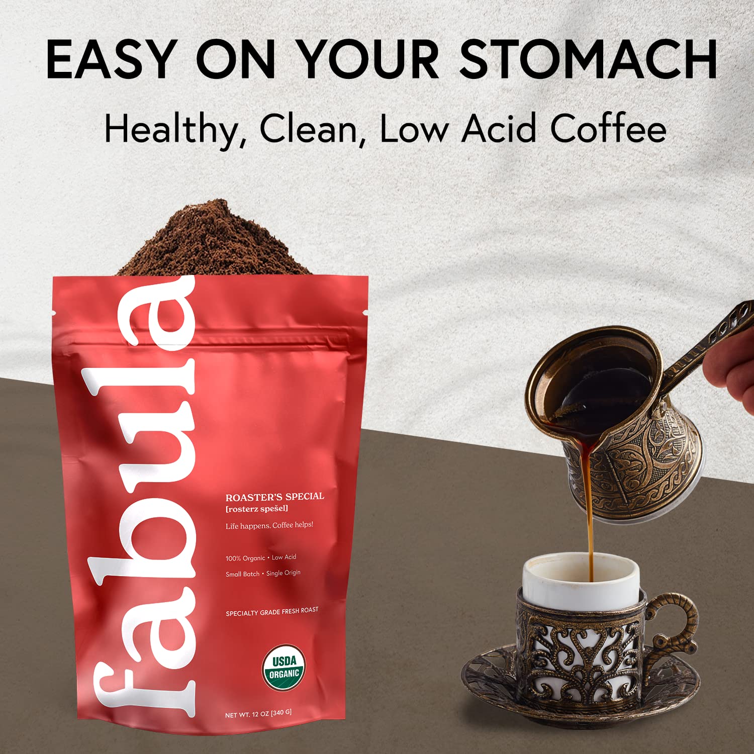 Fabula Organic Turkish Coffee shade-grown beans highlighting aroma for a rich home brewing ritual.