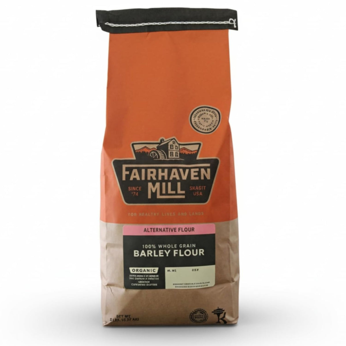 Fairhaven Mill barley flour front bag showing organic quality for versatile baking