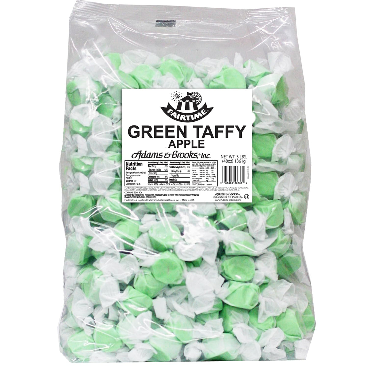 Fairtime Green Apple Taffy 3lb bag showing soft, chewy texture for bulk favors.