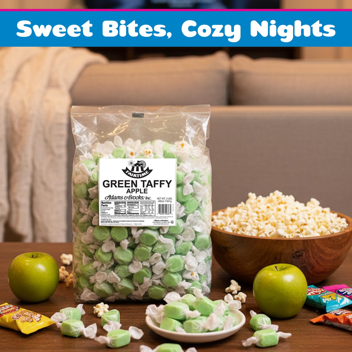 Kosher certification label visible on Fairtime Green Apple Taffy packaging.