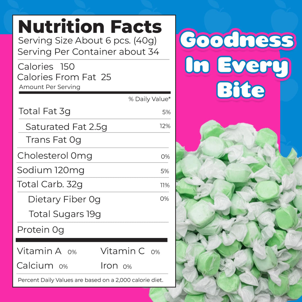 Closeup of individually wrapped Fairtime Green Apple Taffy pieces, easy gifting.