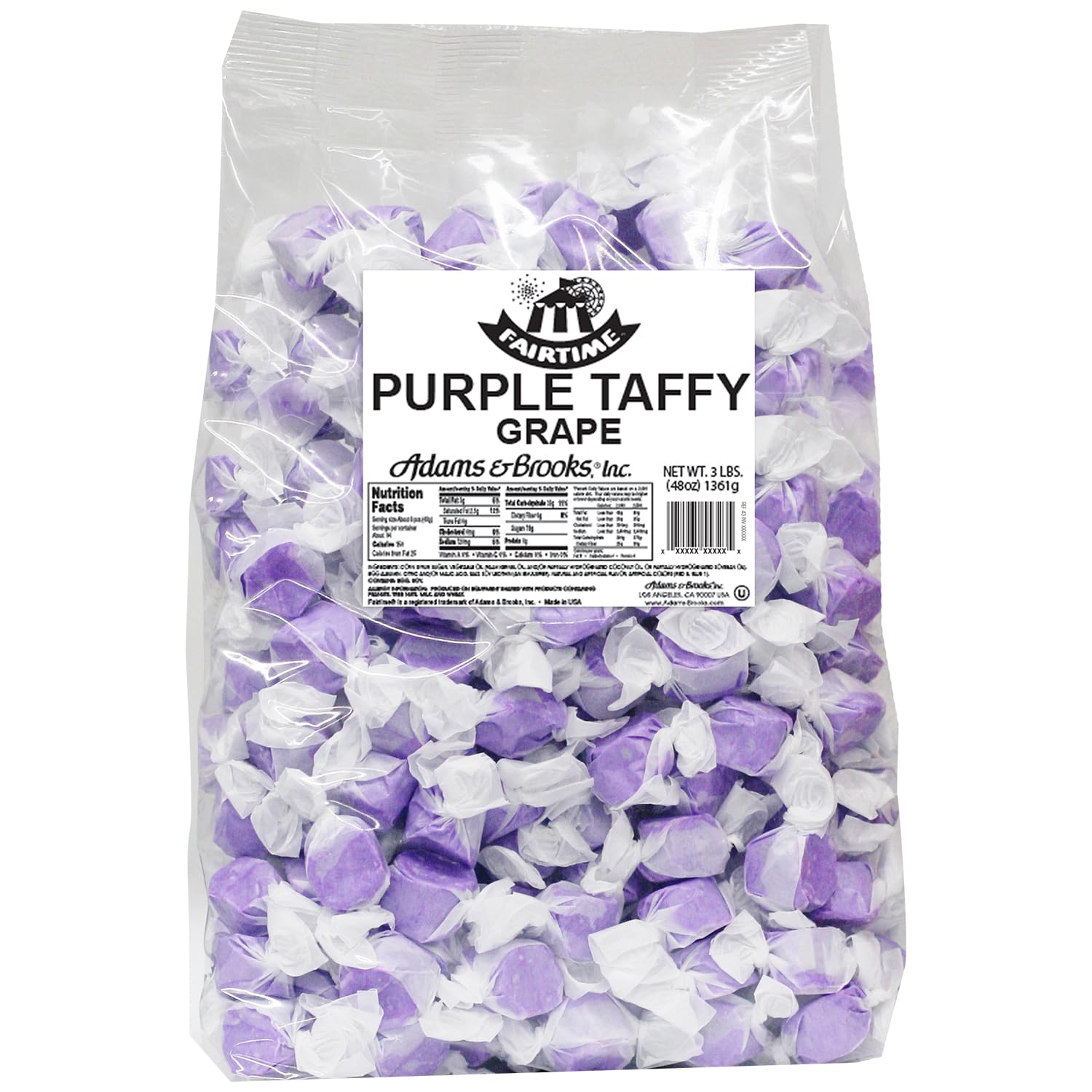 Fairtime Purple Grape Taffy bag closeup shows soft, chewy texture ideal for gifting.
