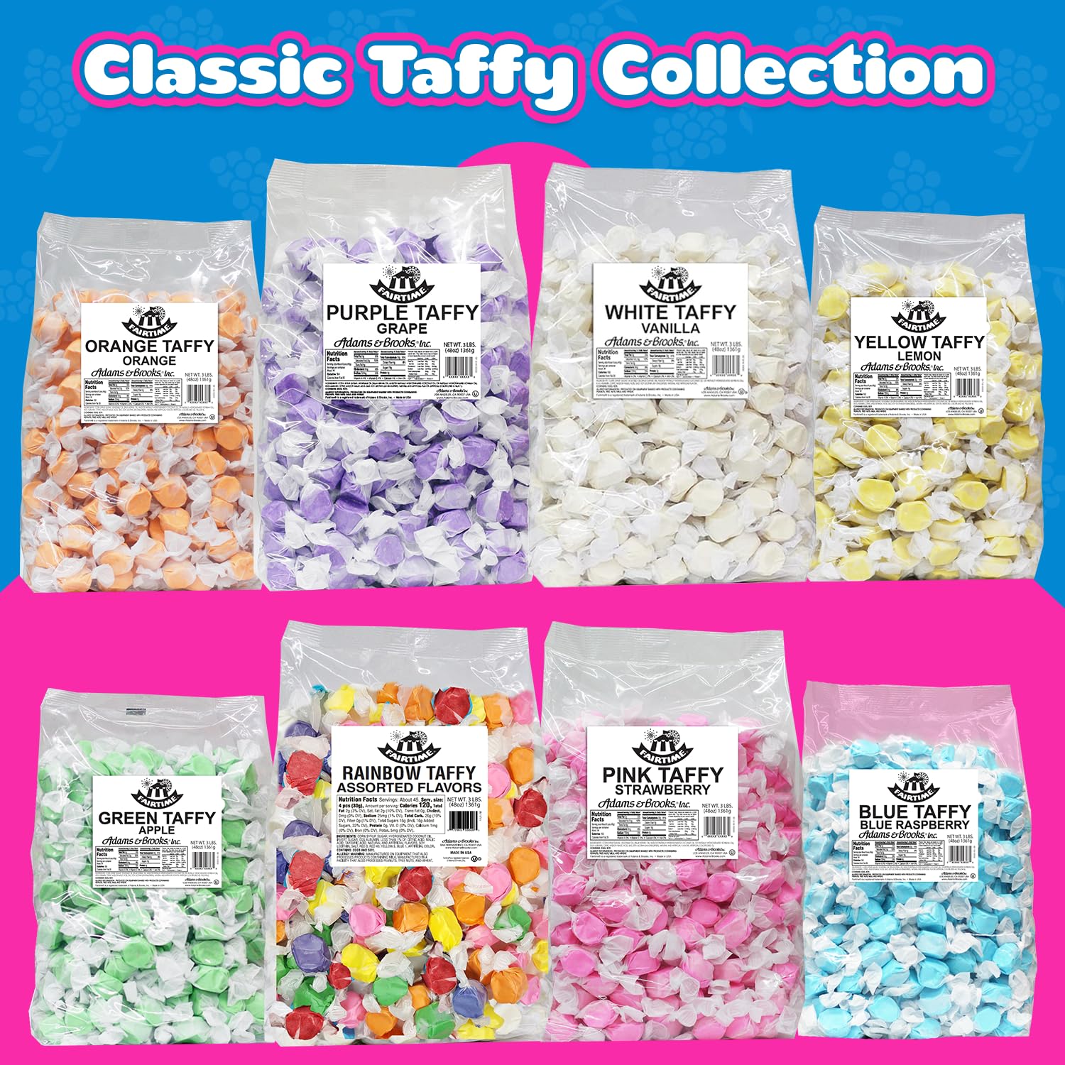 Fairtime Taffy party favor display demonstrates elegant wedding or event candy.