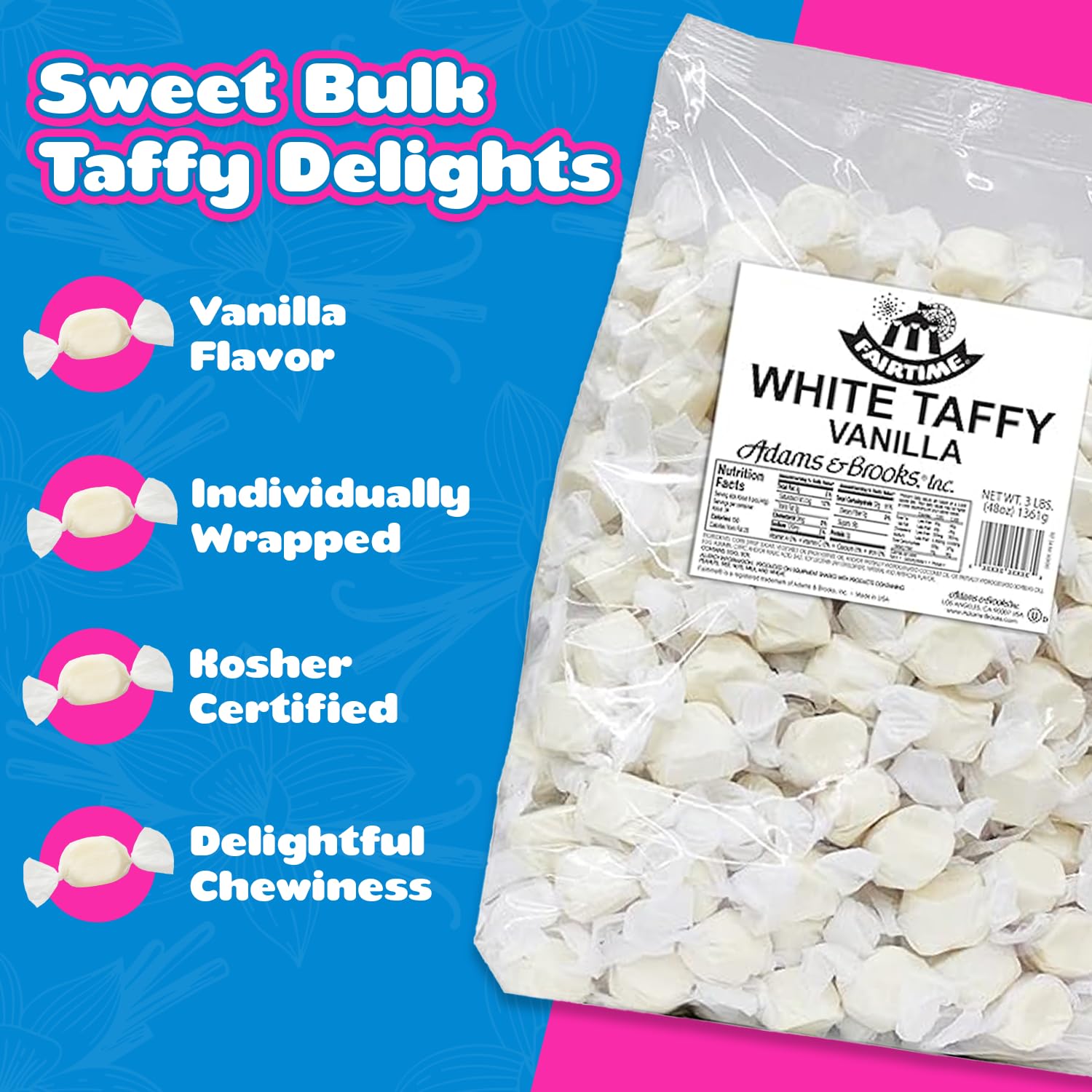 Fairtime white vanilla taffy soft texture emphasized for melt-in-mouth experience.