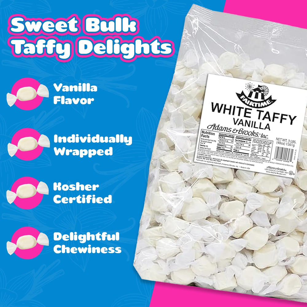 Fairtime white vanilla taffy soft texture emphasized for melt-in-mouth experience.