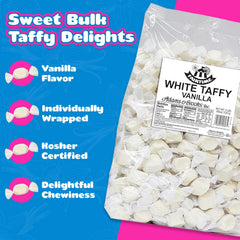 Fairtime white vanilla taffy soft texture emphasized for melt-in-mouth experience.