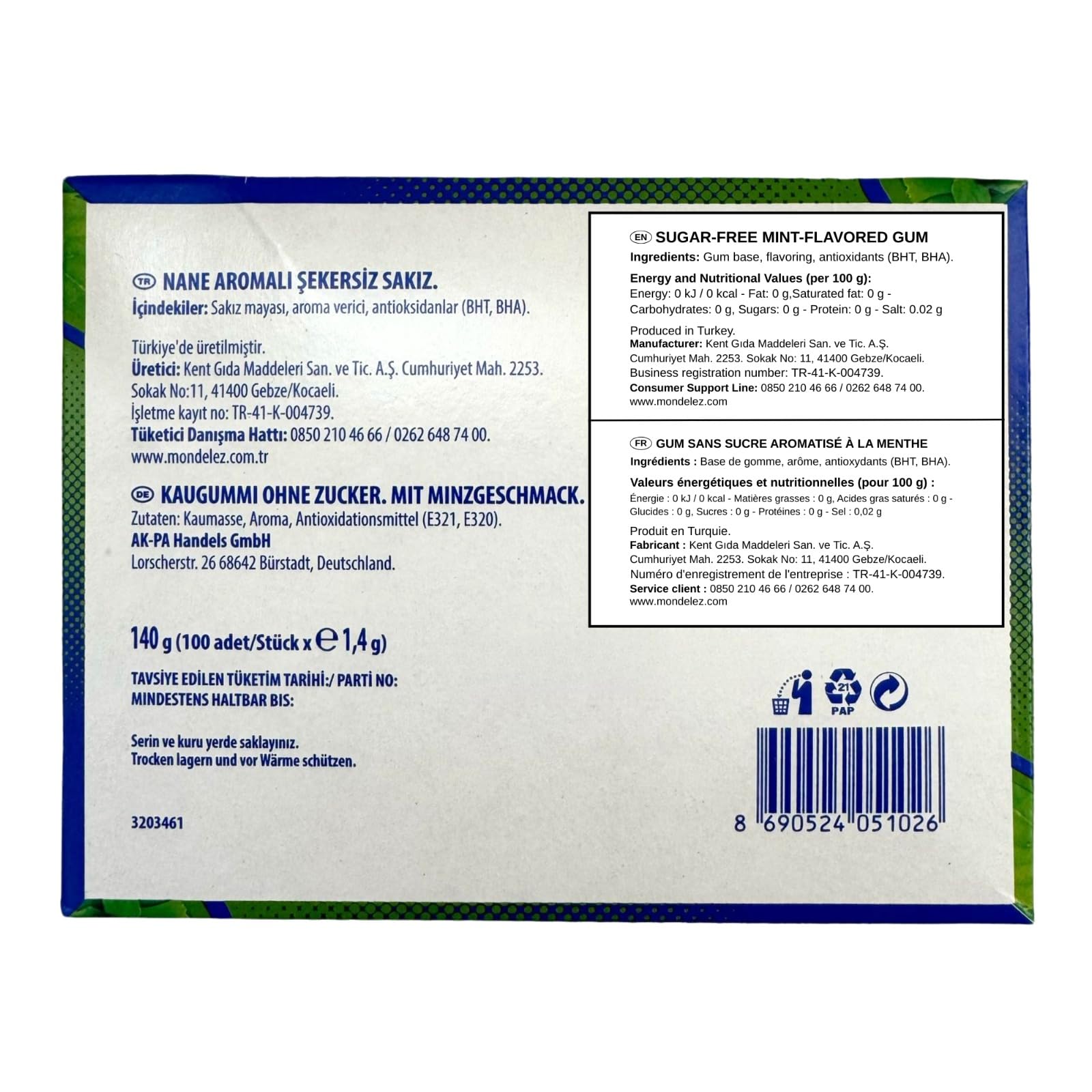 Falim 100 individually wrapped gum pieces, portable mint flavor.