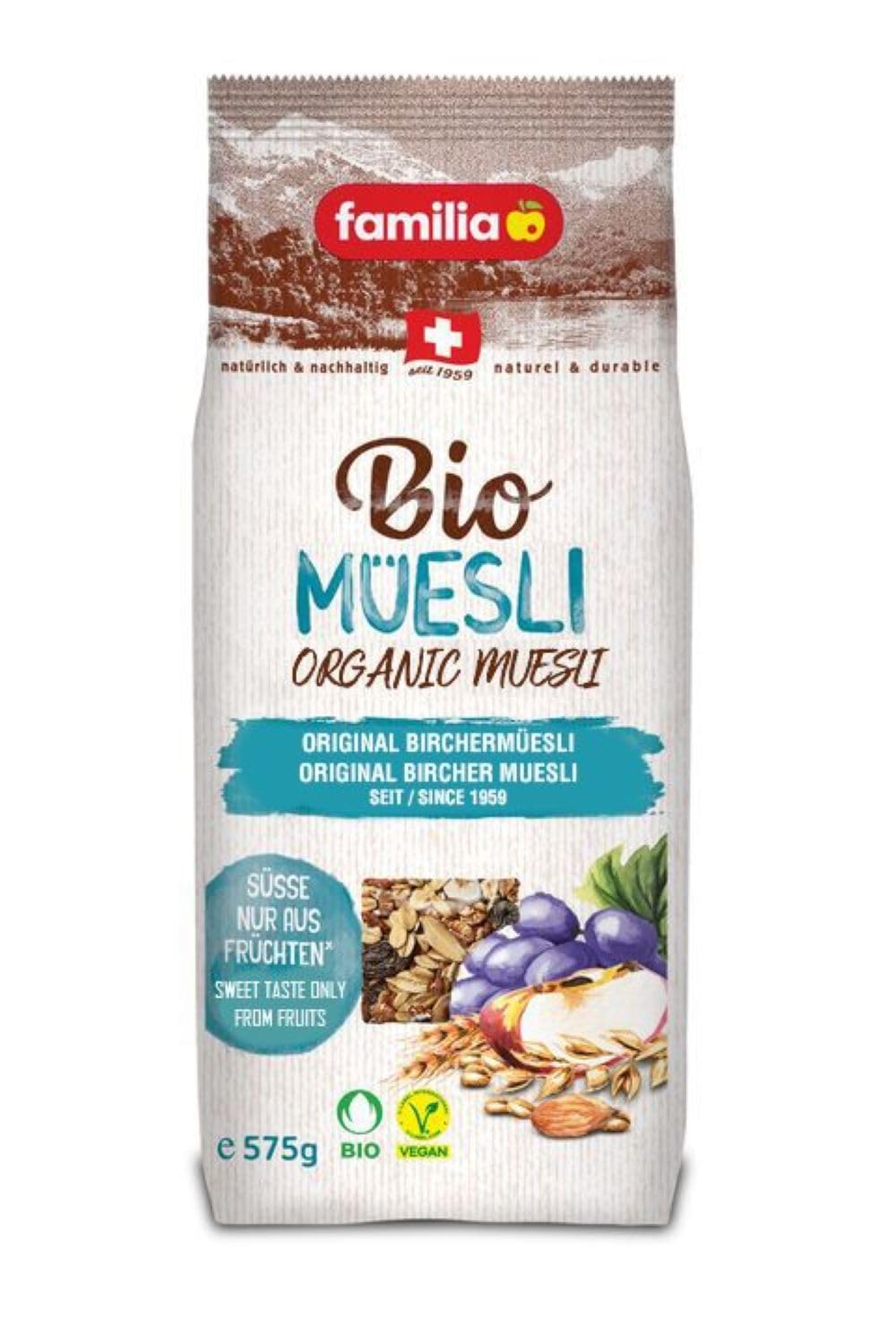 Familia Bircher Muesli bag front view showcasing organic ingredients for quick wholesome breakfasts