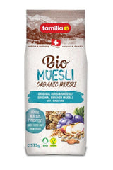 Familia Bircher Muesli bag front view showcasing organic ingredients for quick wholesome breakfasts