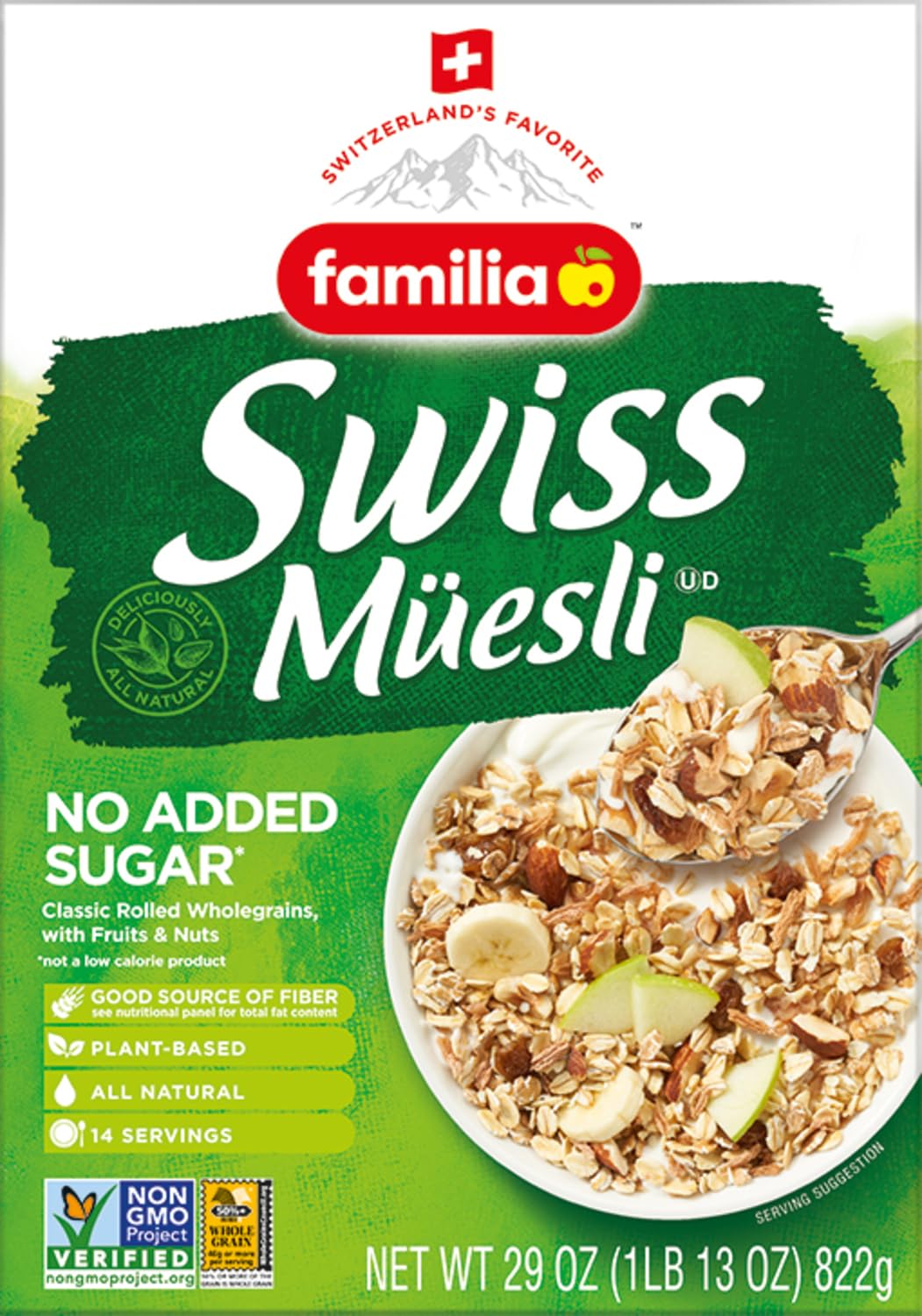 Familia no-sugar-added Swiss Muesli packaging emphasizes natural sweetness.