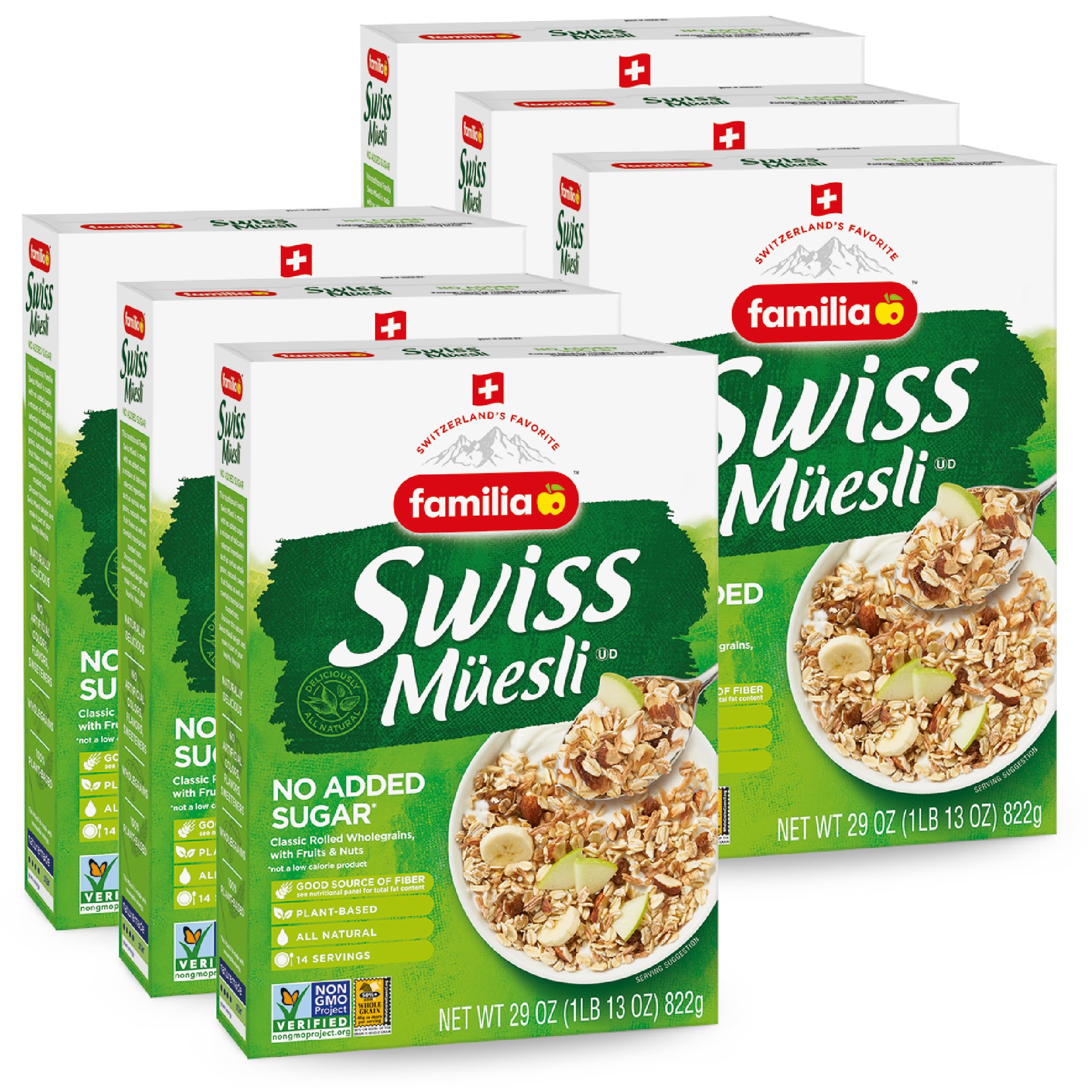 Familia Swiss Muesli front box showing six-pack for quick, wholesome breakfasts