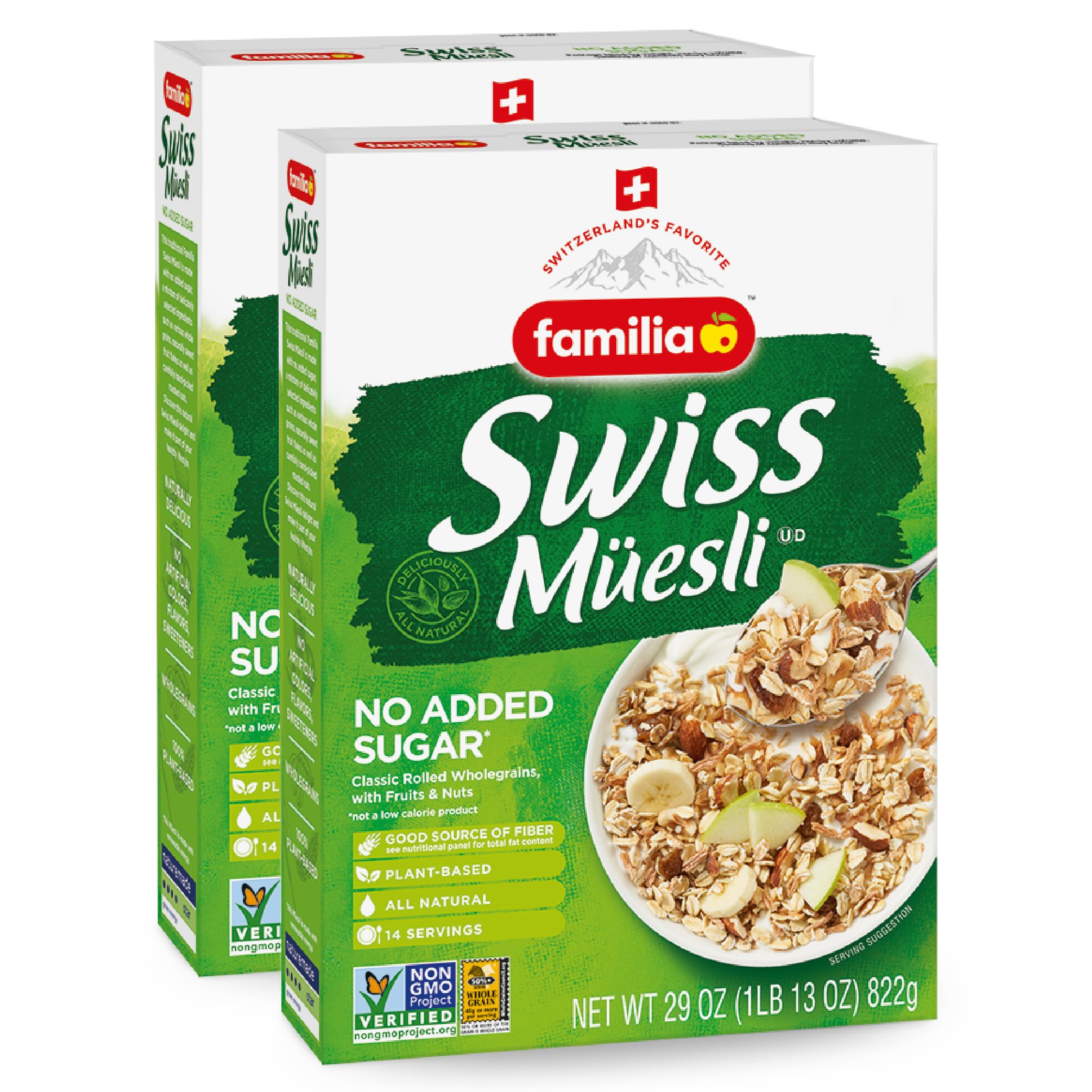 Familia Swiss Muesli box front shows no added sugar and whole grains.