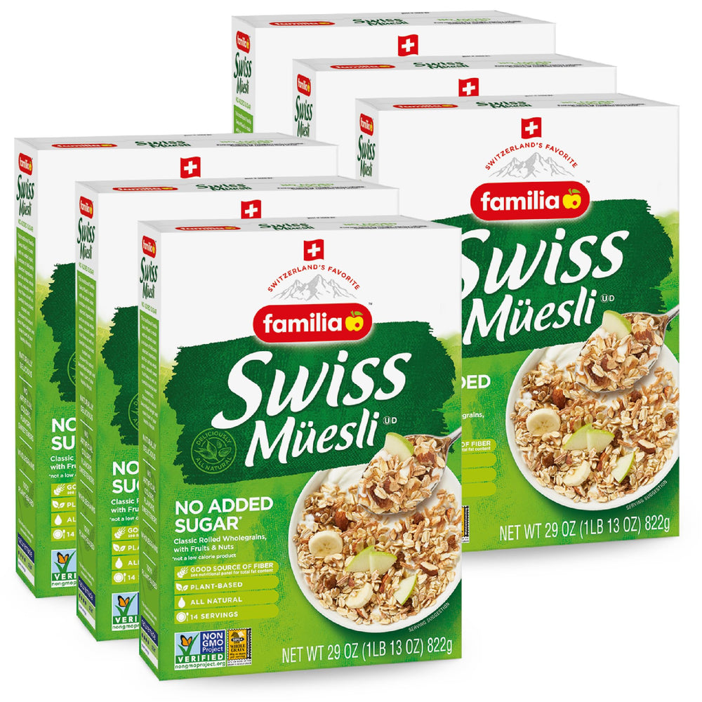 Familia Swiss Muesli front box showing six-pack for quick, wholesome breakfasts