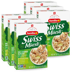 Familia Swiss Muesli front box showing six-pack for quick, wholesome breakfasts