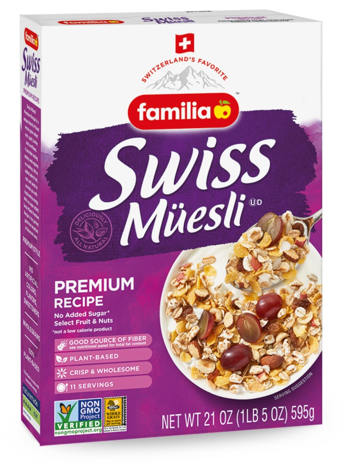 Familia Swiss Muesli ingredients—nuts, seeds, and raisins—for a wholesome texture.