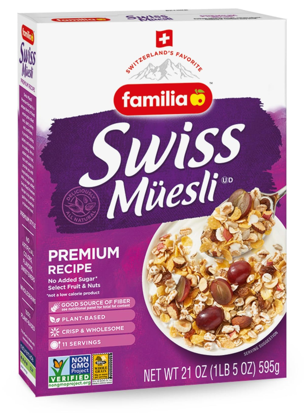 Familia Swiss Muesli ingredients—nuts, seeds, and raisins—for a wholesome texture.