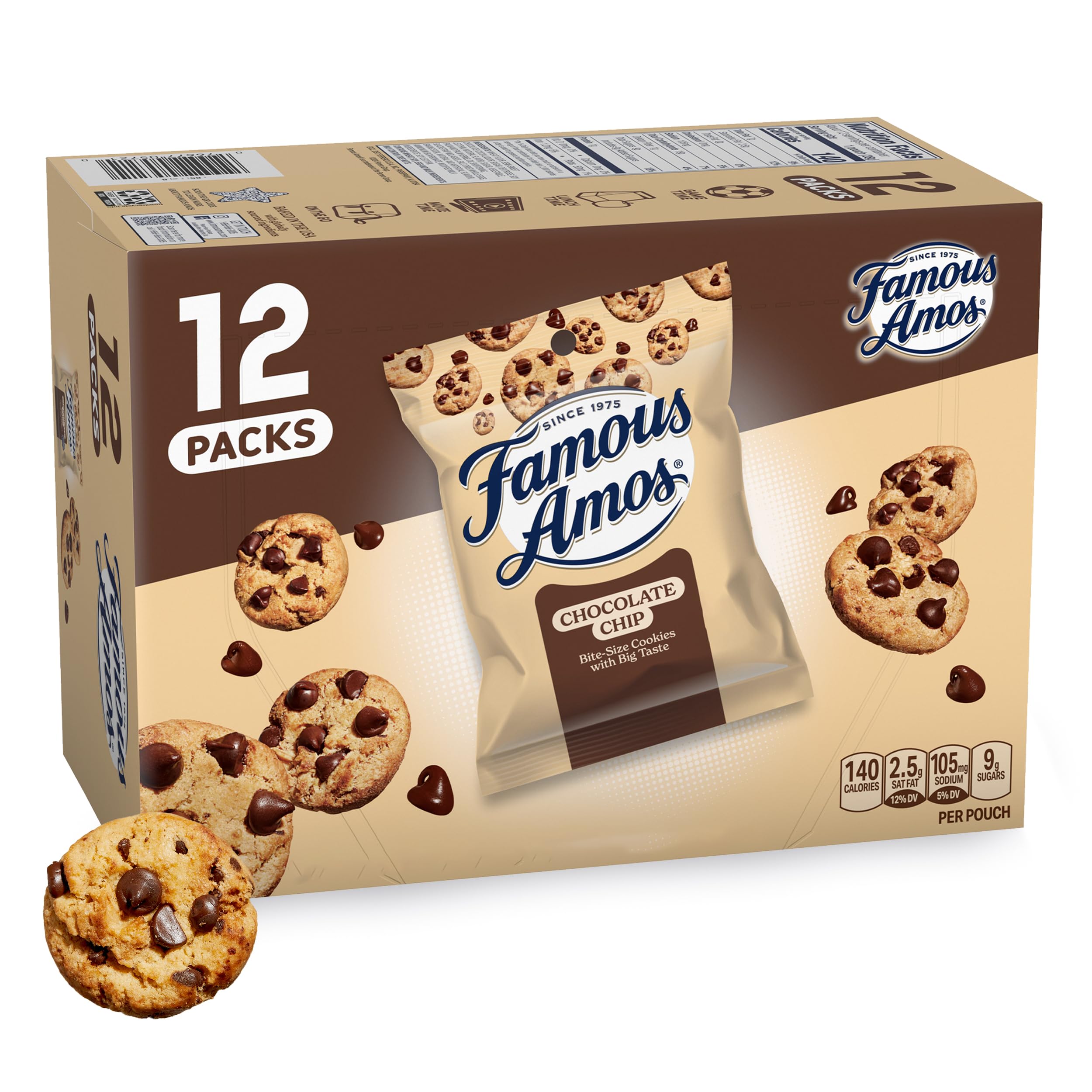 Famous Amos bite-size cookies deliver a crunchy chocolate chip bite for on-the-go snacking.