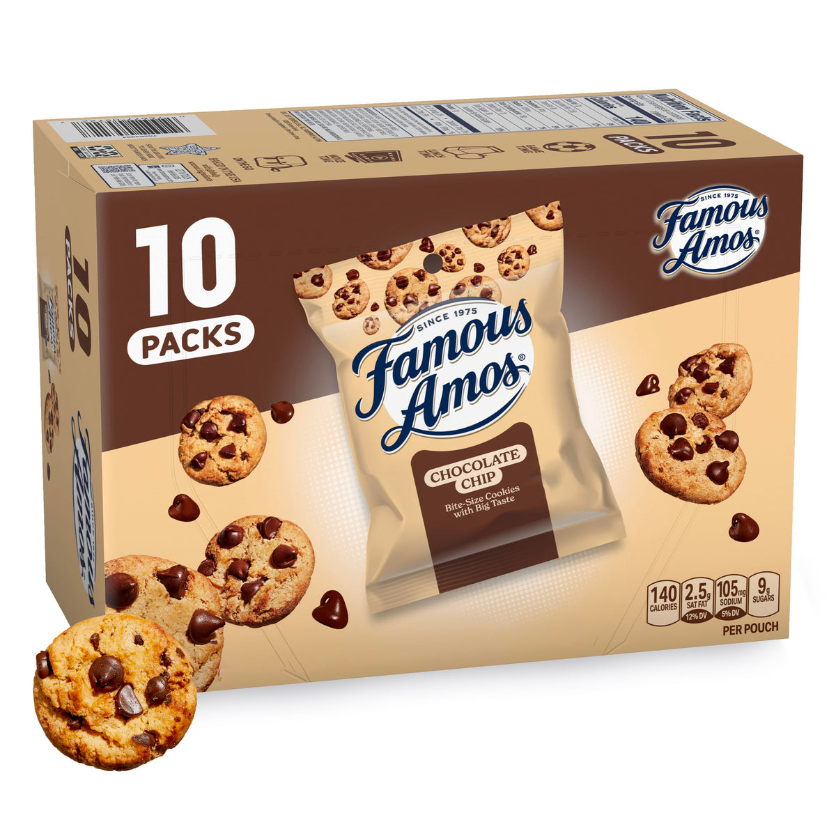 Famous Amos classic chocolate chip cookies, bite-size crunch for easy snacking.
