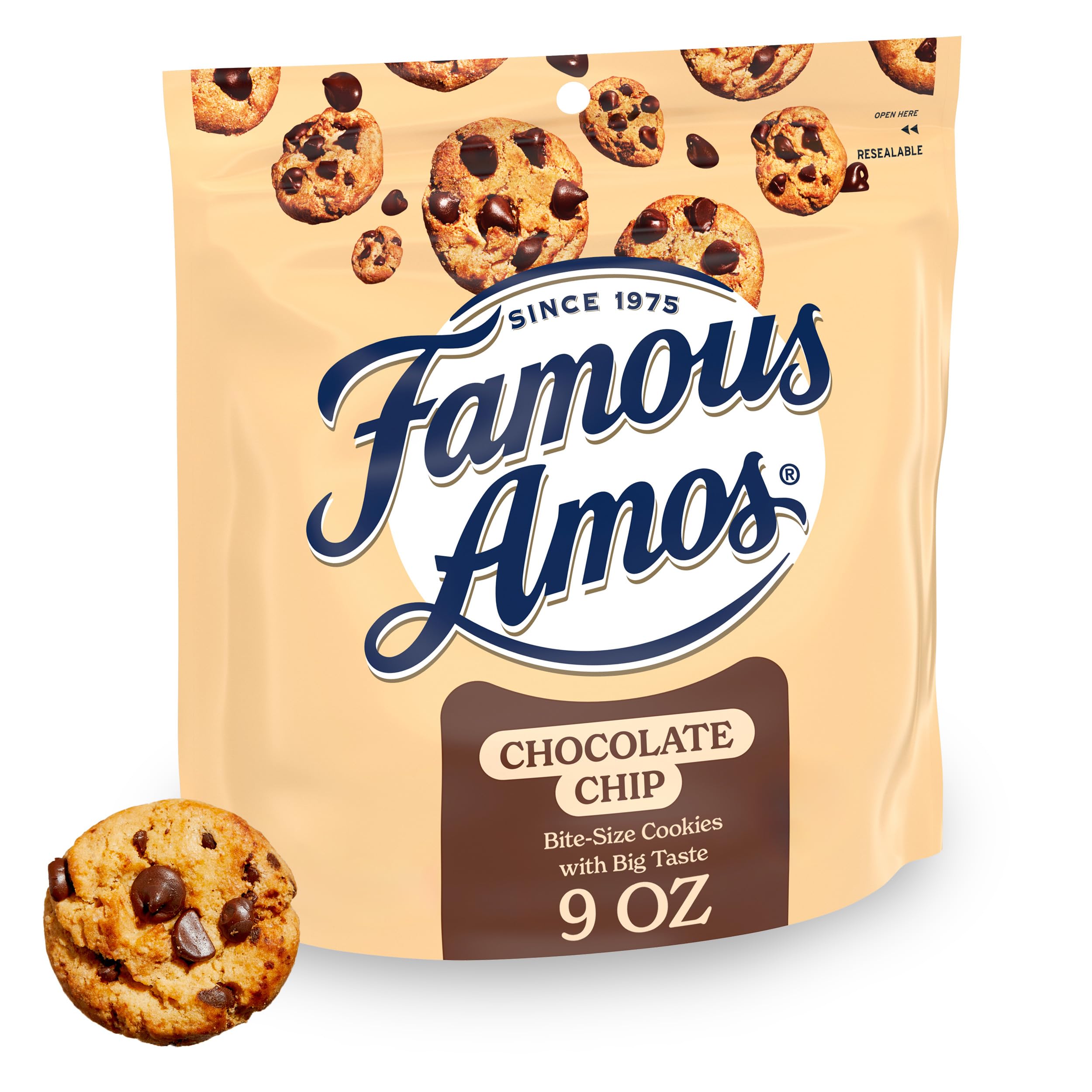 Famous Amos classic chocolate chip cookies close-up, crunchy bite-size treats perfect for sharing.