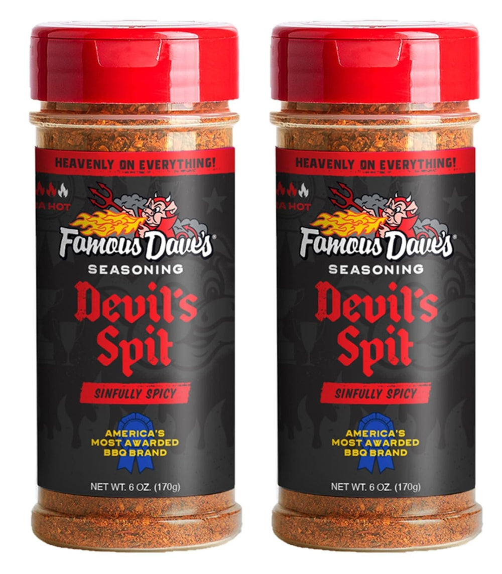 Famous Dave's Devils Spit 12oz bottle two-pack on display, bold flavor