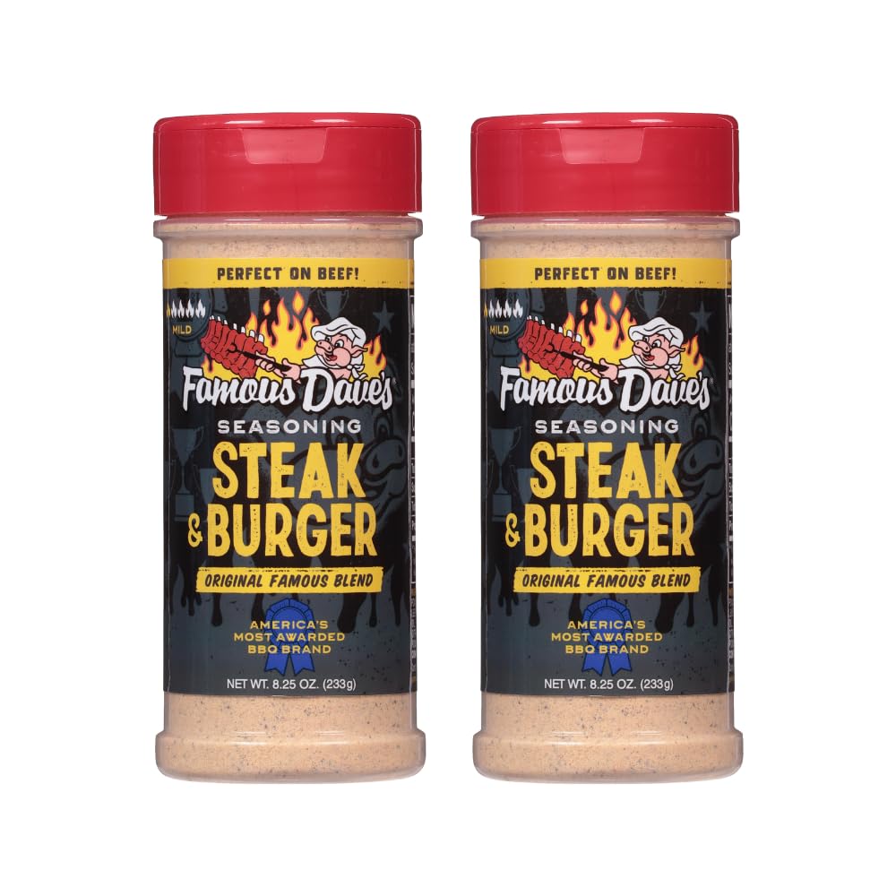 Famous Dave's Steak & Burger Seasoning bottle on counter for bold flavor