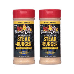 Famous Dave's Steak & Burger Seasoning bottle on counter for bold flavor