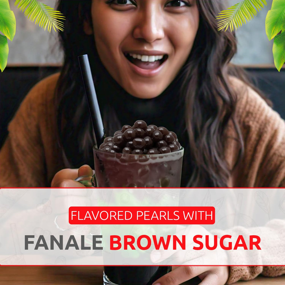 Fanale Brown Sugar Popping Boba Pearls vegan, non-GMO, gluten-free ingredients shown.