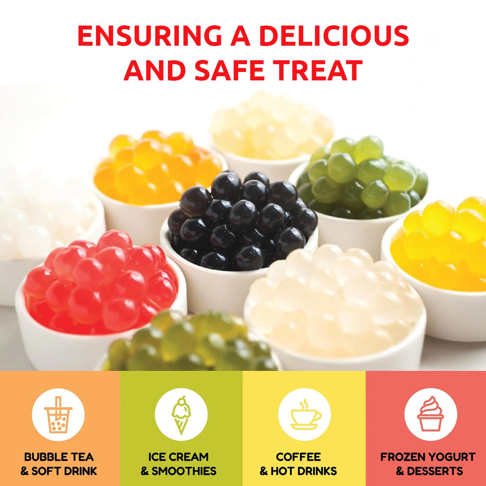 Fanale Brown Sugar Popping Boba Pearls vegan gluten-free display in serving setup.