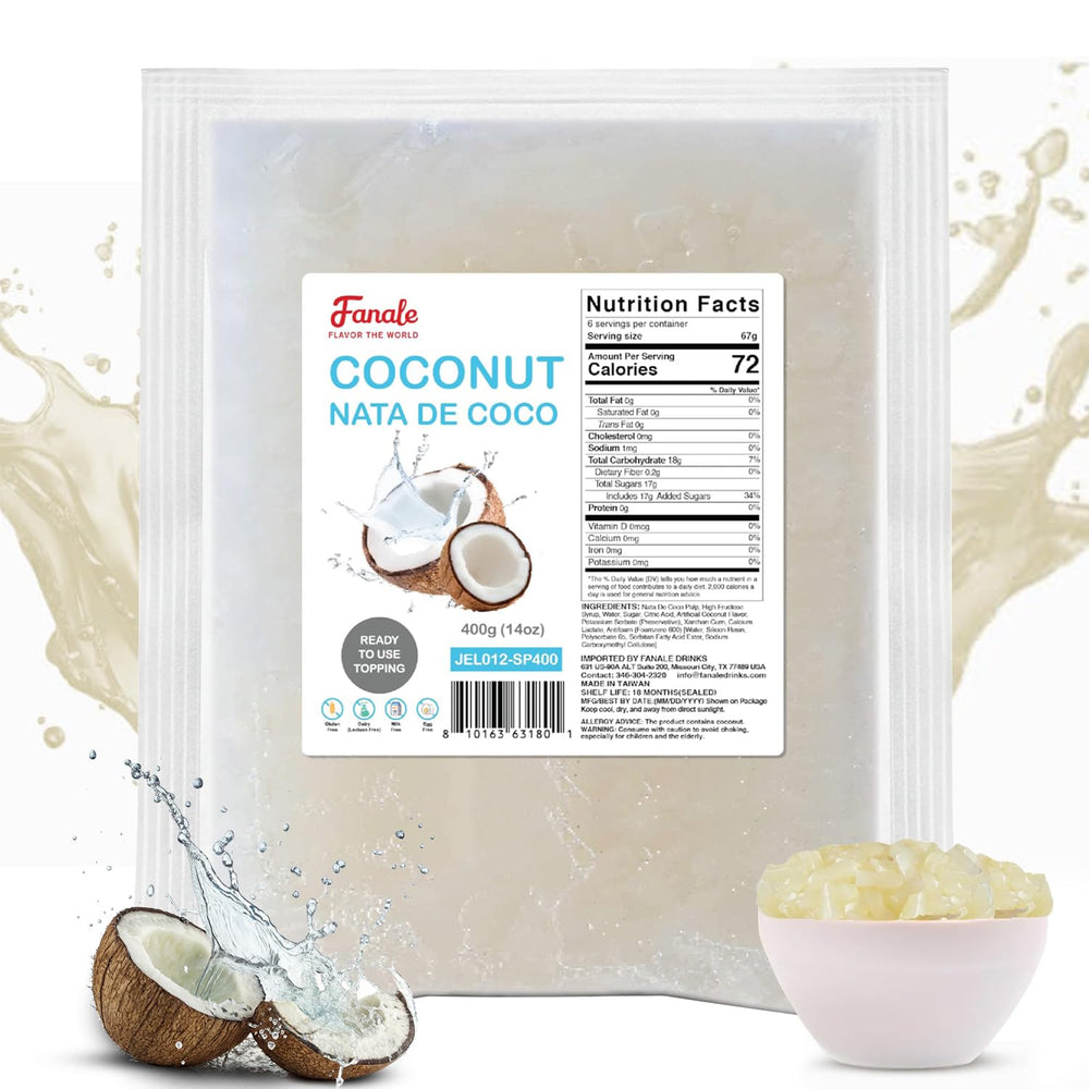 Fanale Coconut Jelly Topping jar pour close-up showing chewy coconut texture for bubble tea