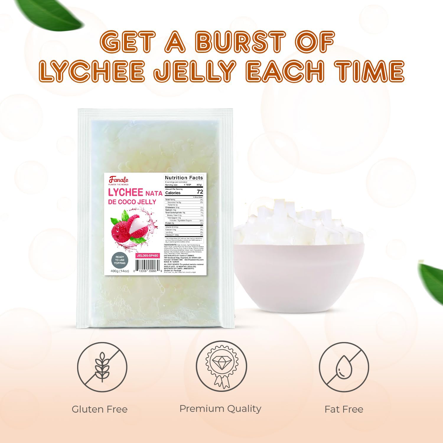 Fanale Coconut Jelly Topping lychee flavor boosts tropical bubble tea delight.