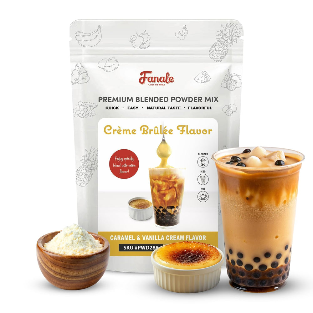 Fanale Creme Brulee powder packaging close-up highlighting premium ingredients for authentic flavor.