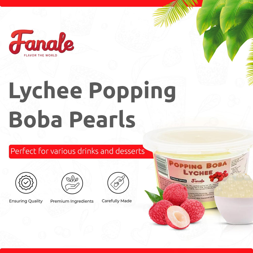Fanale Lychee Popping Boba Pearls in glass bowl ready to top drinks