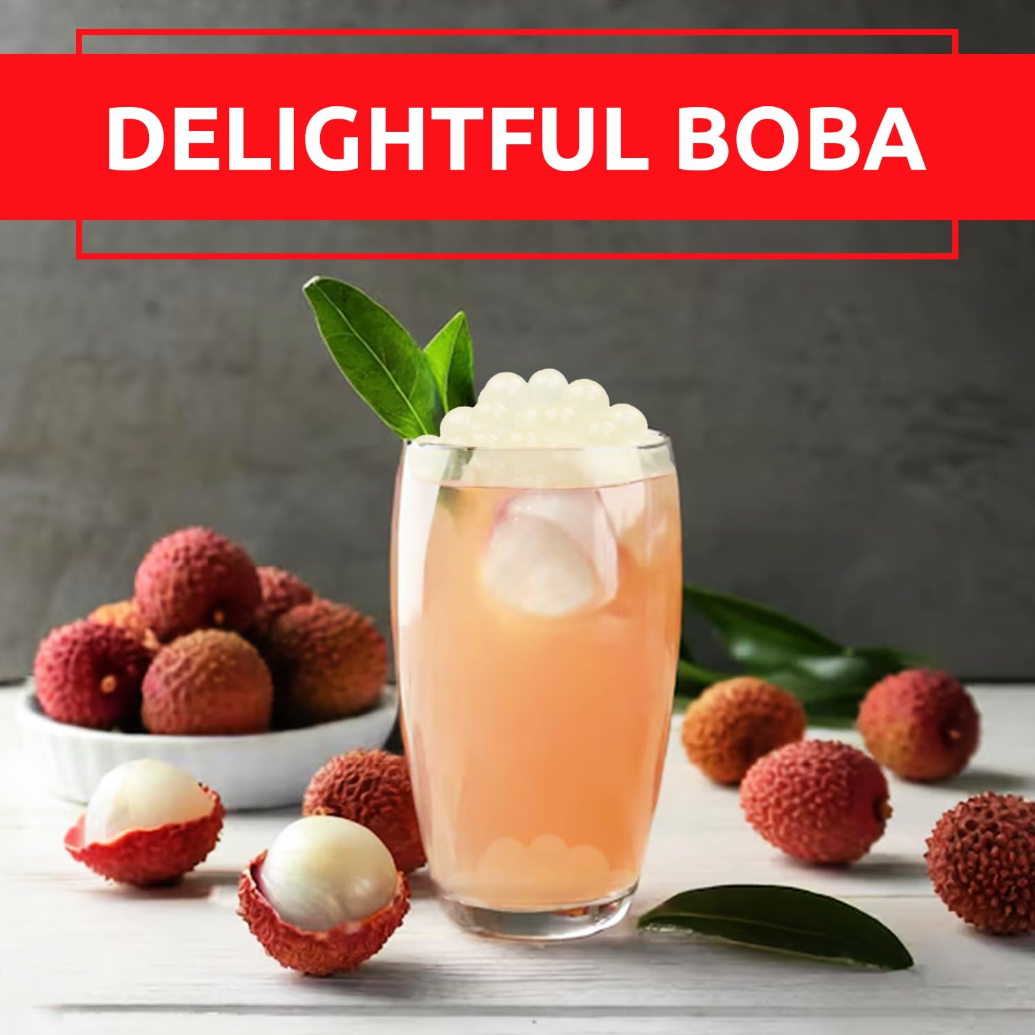 Fanale Lychee Popping Boba Pearls in bubble tea with chewy texture