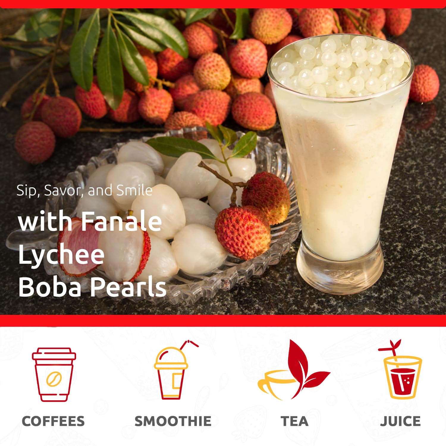 Fanale Lychee Popping Boba Pearls served in dessert with bursts of lychee
