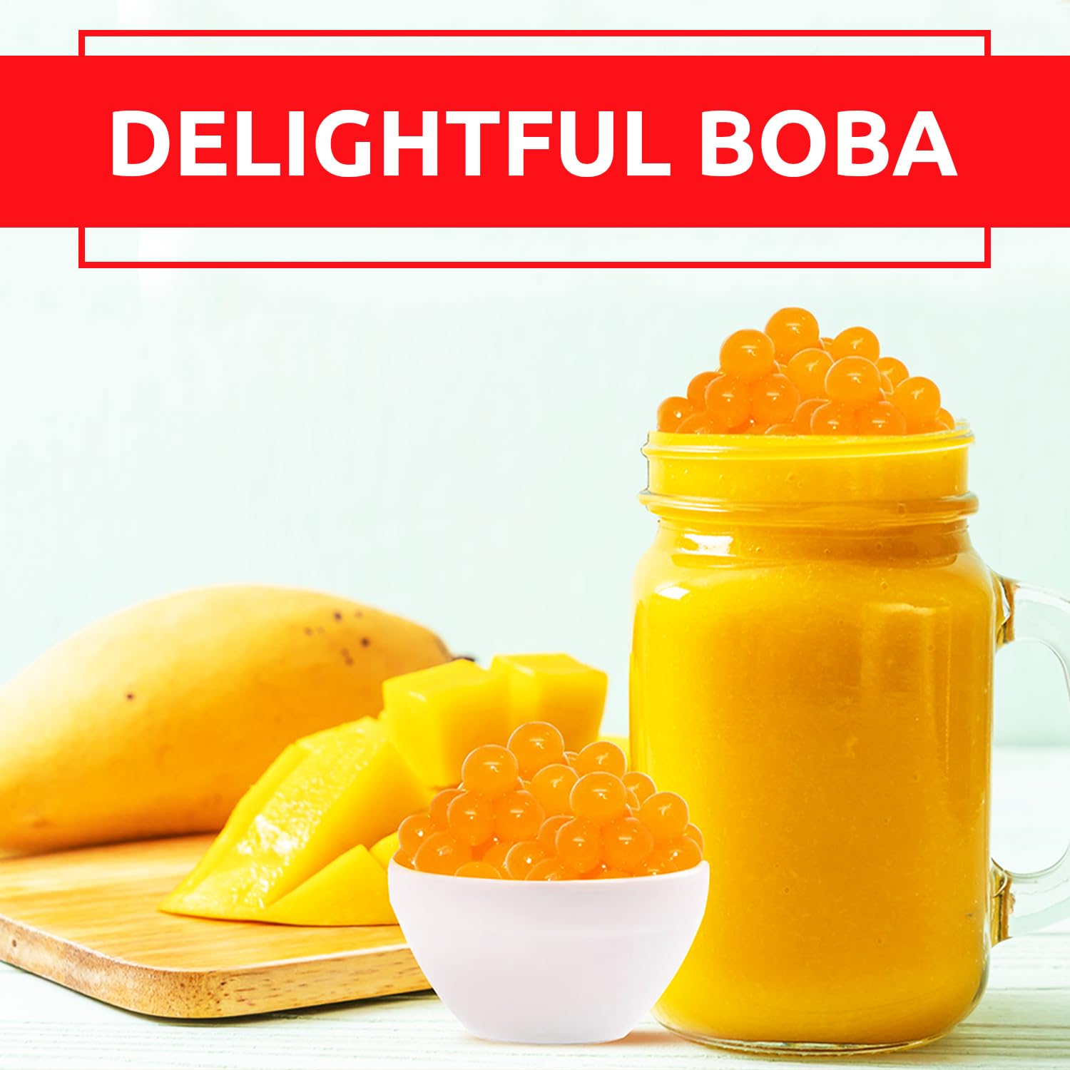 Fanale Mango Popping Boba Pearls close-up, juicy mango filling bursts.