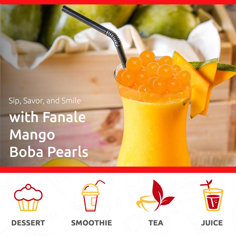 Fanale Mango Popping Boba Pearls in bubble tea, adds chewy mango flavor.
