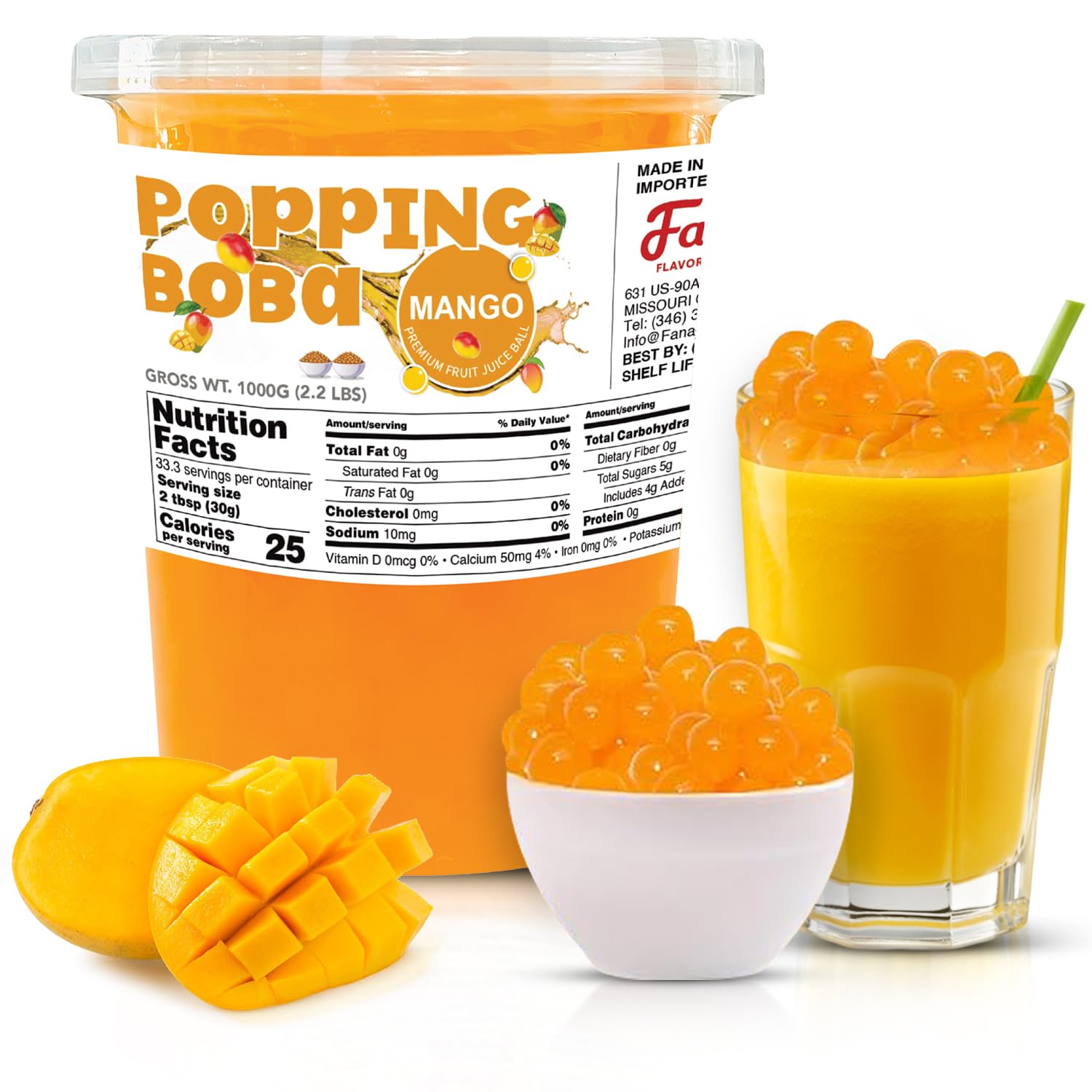 Fanale Mango Popping Boba Pearls in a jar, ready-to-use topping for desserts.