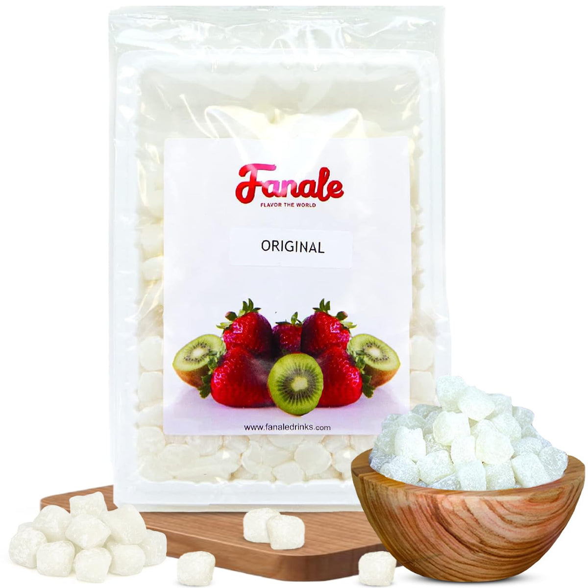 Fanale Mini Mochi Original White packshot shows chewy texture and premium packaging for daily snacking