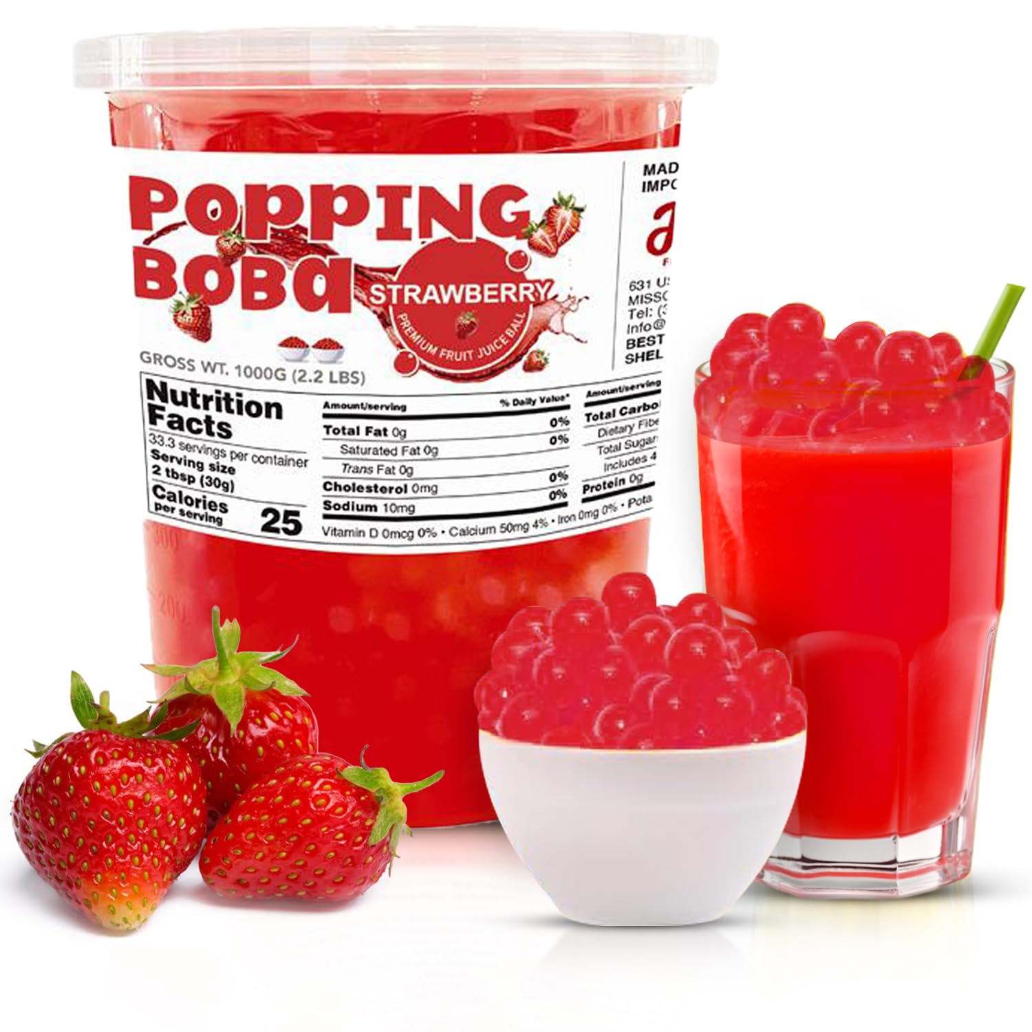 Fanale Strawberry Popping Boba Pearls close-up, ready-to-eat topping for drinks.