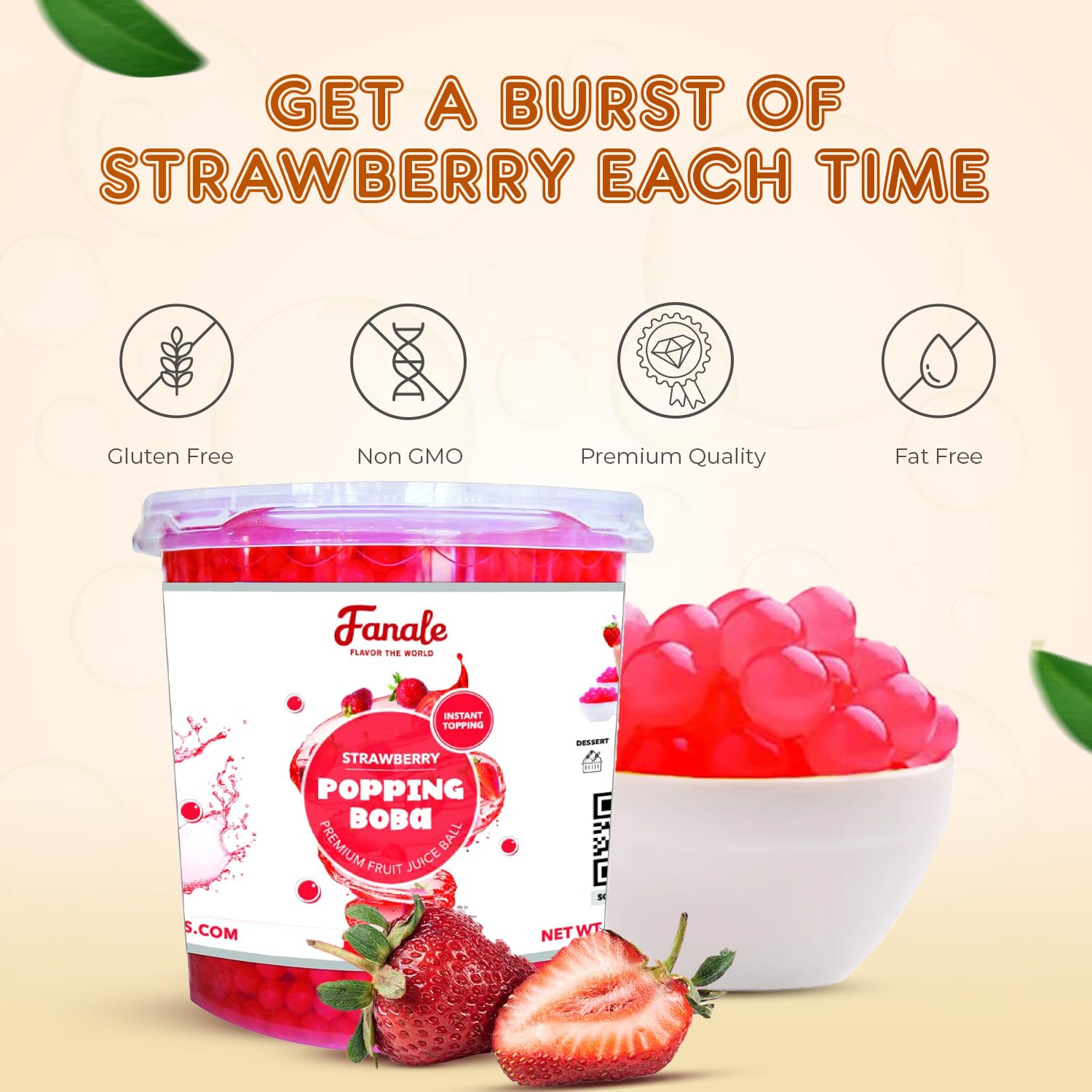 Fanale Strawberry Popping Boba Pearls dessert topping over ice cream