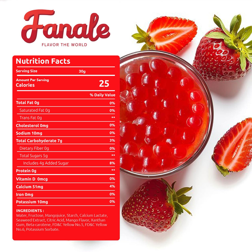 Fanale Strawberry Popping Boba Pearls in a glass of bubble tea.