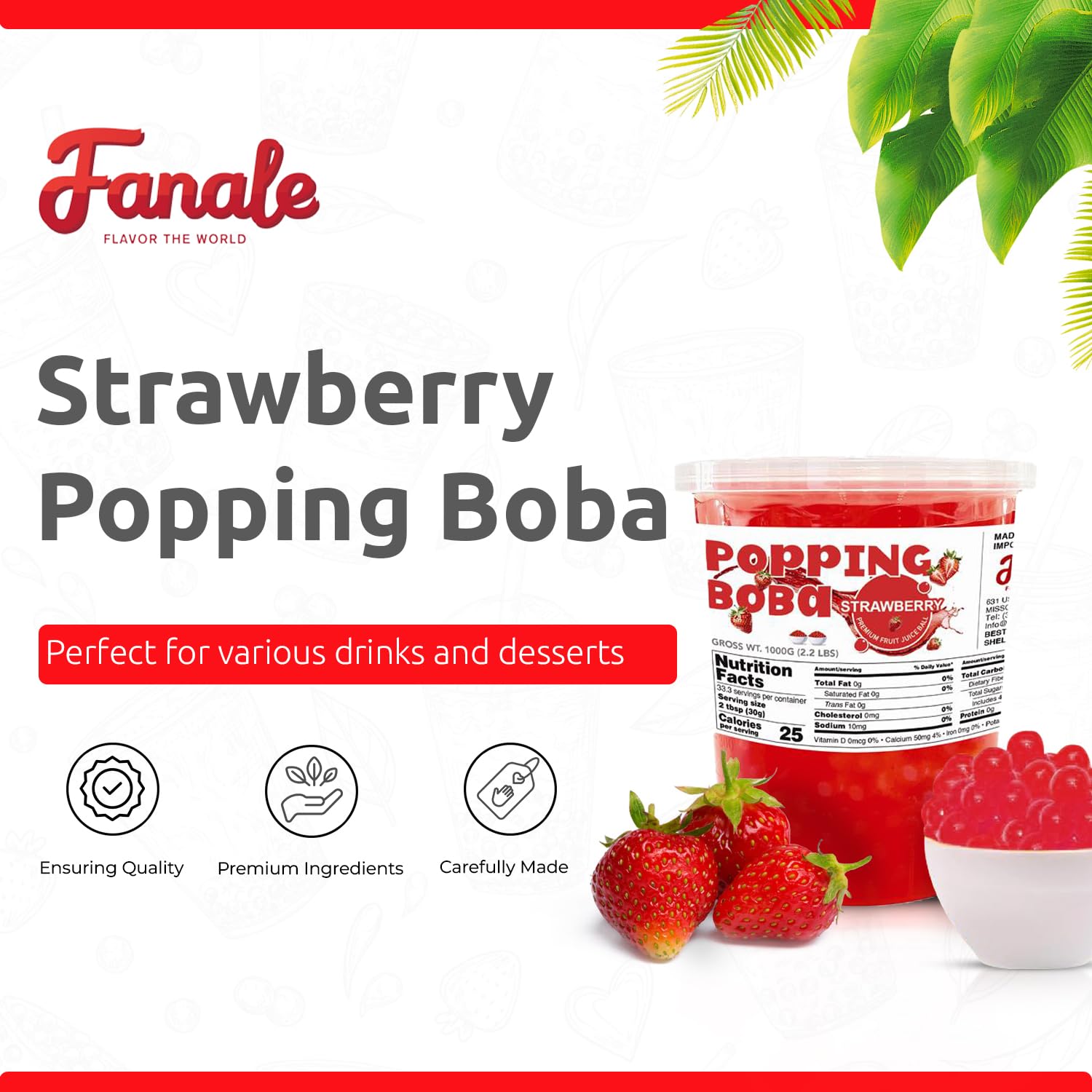 Fanale Pearls on dessert, chewy texture and strawberry burst.