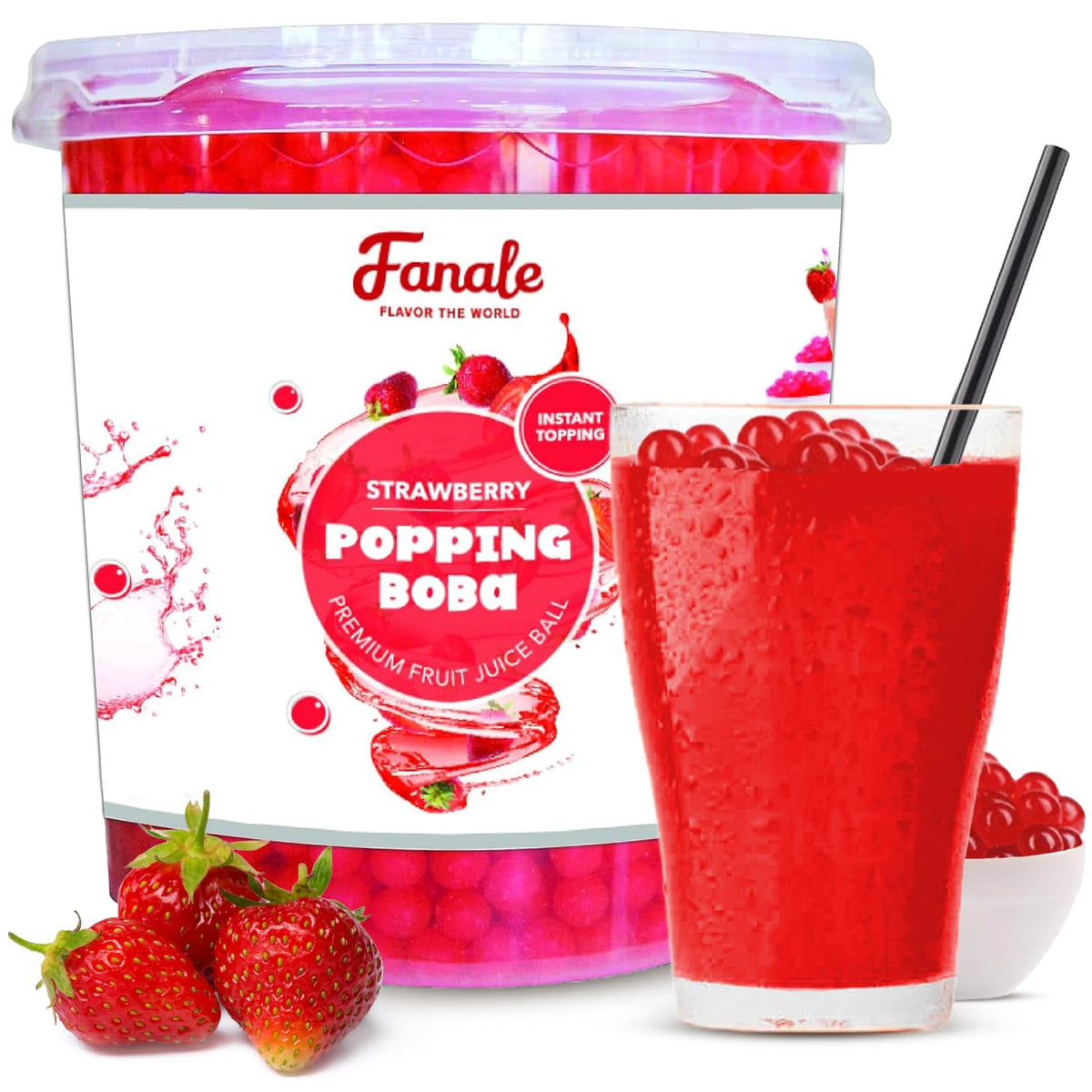 Fanale Strawberry Popping Boba Pearls ready-to-eat jar with juicy strawberry flavor for desserts