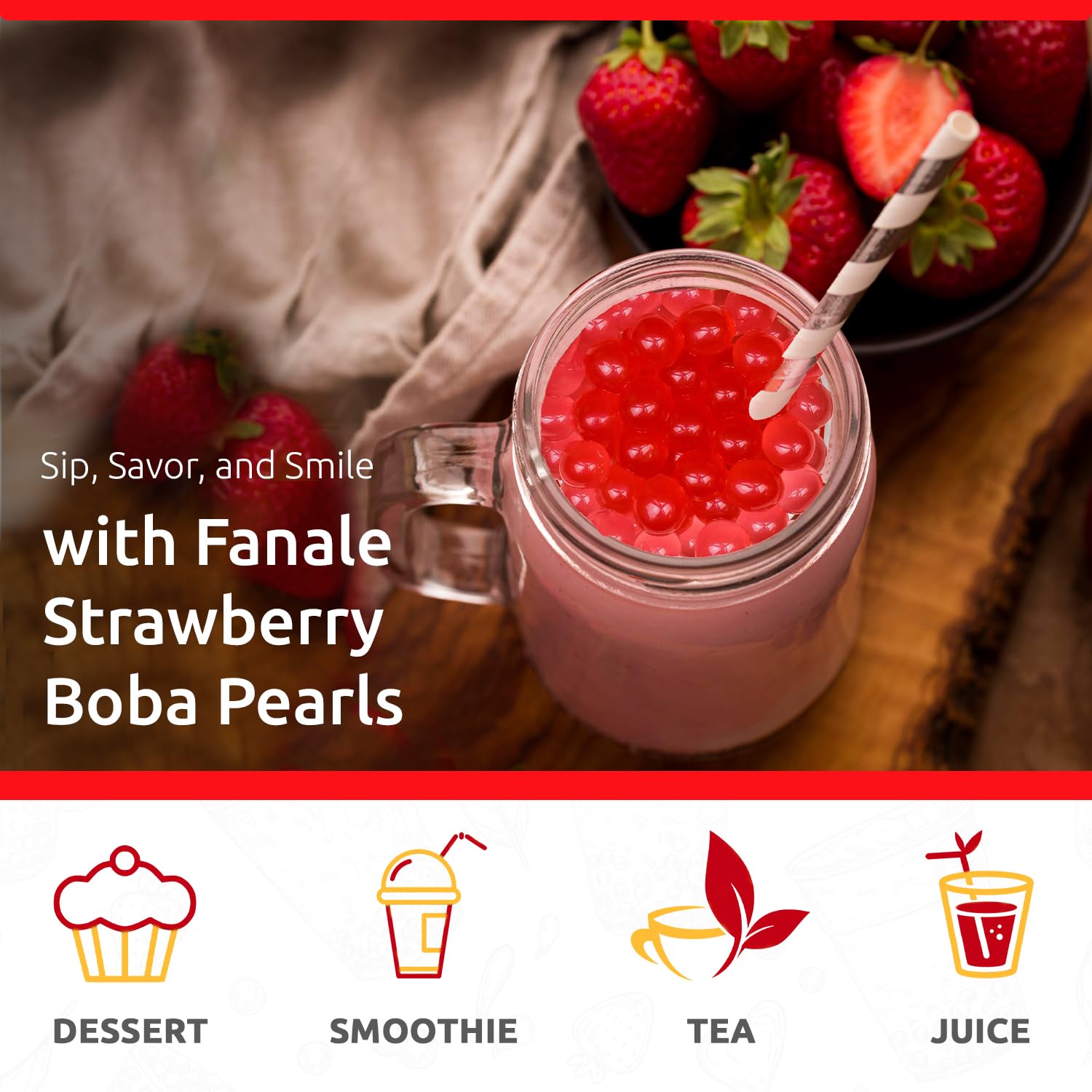 Fanale Strawberry Popping Boba Pearls ready-to-eat topping in seconds.