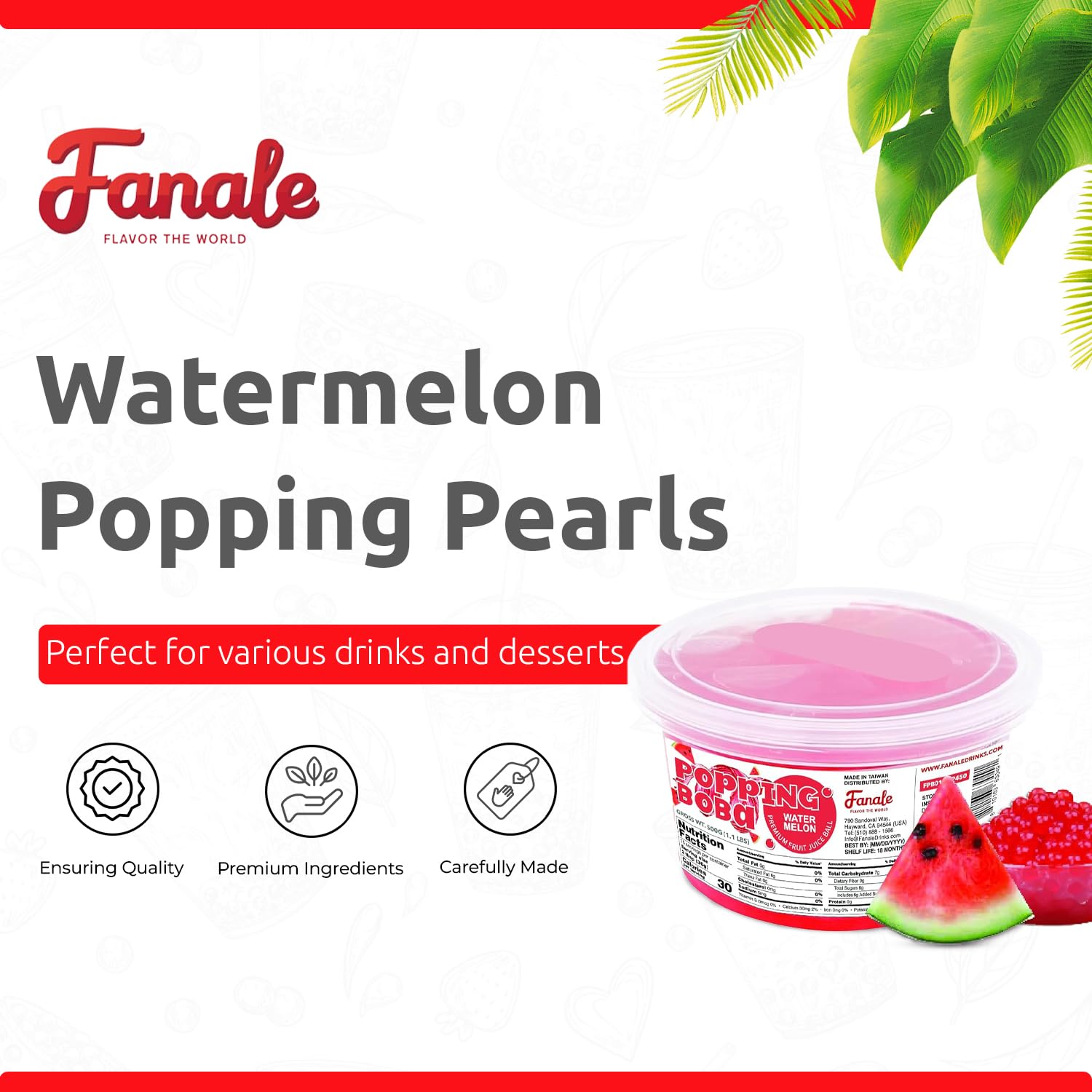 Fanale Watermelon Popping Boba Pearls bursting with watermelon flavor.